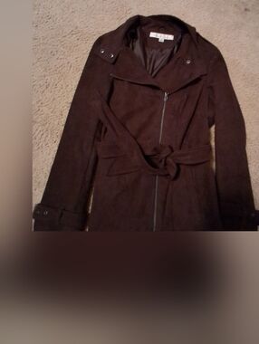 Kenneth Cole Briwn Belted Trench Coat with Asymmetrical Zip